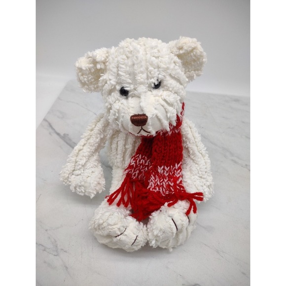 White Chenille Bear Plush Stuffed Animal Christmas Holiday Scarf Fine Toy Co 10" - Picture 5 of 10